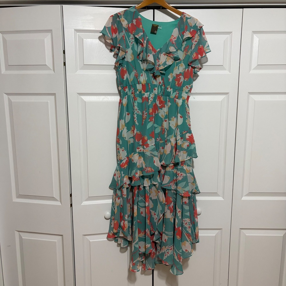 Taylor Ruffle High Low Midi Dress Womens 12 Teal Floral Party Cocktail Core Girl
